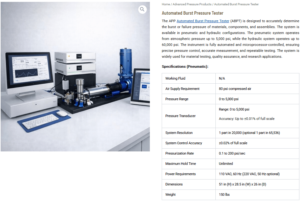 Automated Burst Pressure Tester: Ensuring Product Strength, Safety, and Reliability Through Precision Pressure Testing Automated Burst Pressure Tester: Ensuring Product Strength, Safety, and Reliability Through Precision Pressure Testing