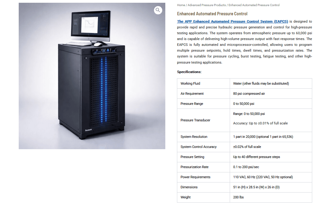 Enhanced Automated Pressure Control System (EAPCS): Advanced High-Pressure Testing for Precision Applications Enhanced Automated Pressure Control System (EAPCS): Advanced High-Pressure Testing for Precision Applications