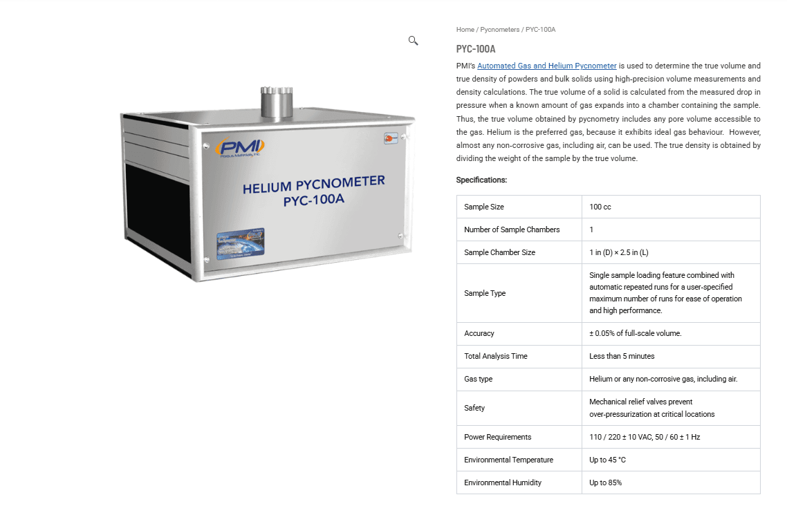 PYC-100A Helium Pycnometer: Fast and Accurate True Density Measurement for Powders and Bulk Solids PYC-100A Helium Pycnometer: Fast and Accurate True Density Measurement for Powders and Bulk Solids